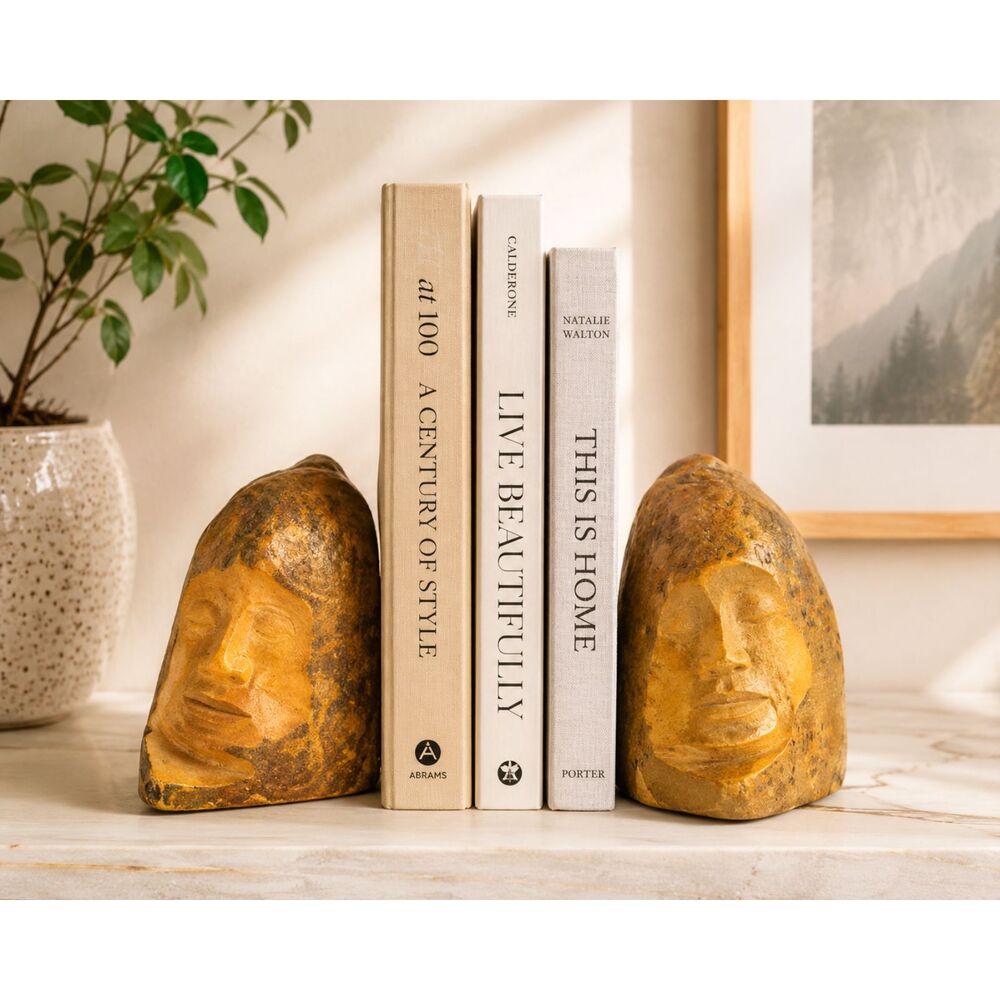 Vintage Hand Carved Stone Face Bookends Signed Mid Century Modern Brutalist